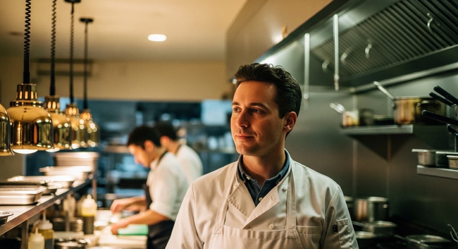 A restaurant owner in a chef's coat looking thoughtfully off-camera in a warm professional kitchen during dinner service prep